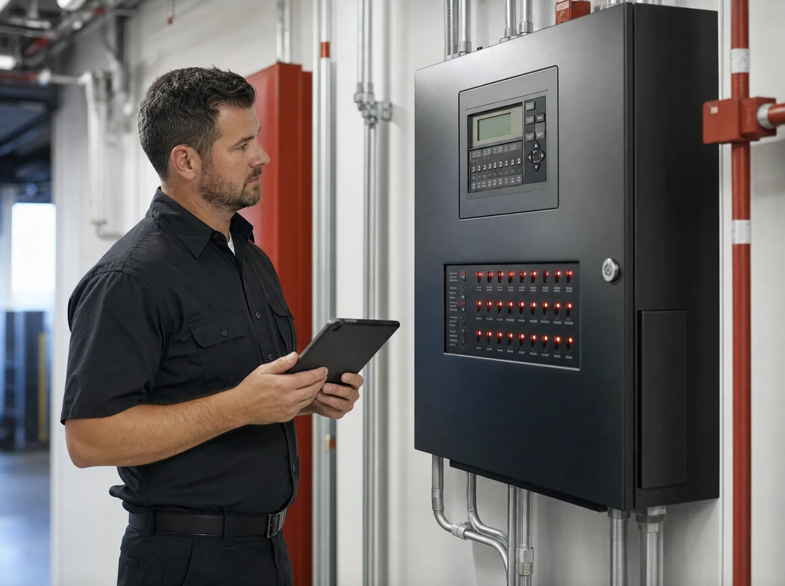 Commercial fire alarm control panel and pull station in a building corridor