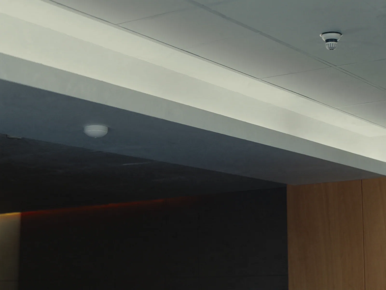 Technician testing an alarm sensor above a doorway
