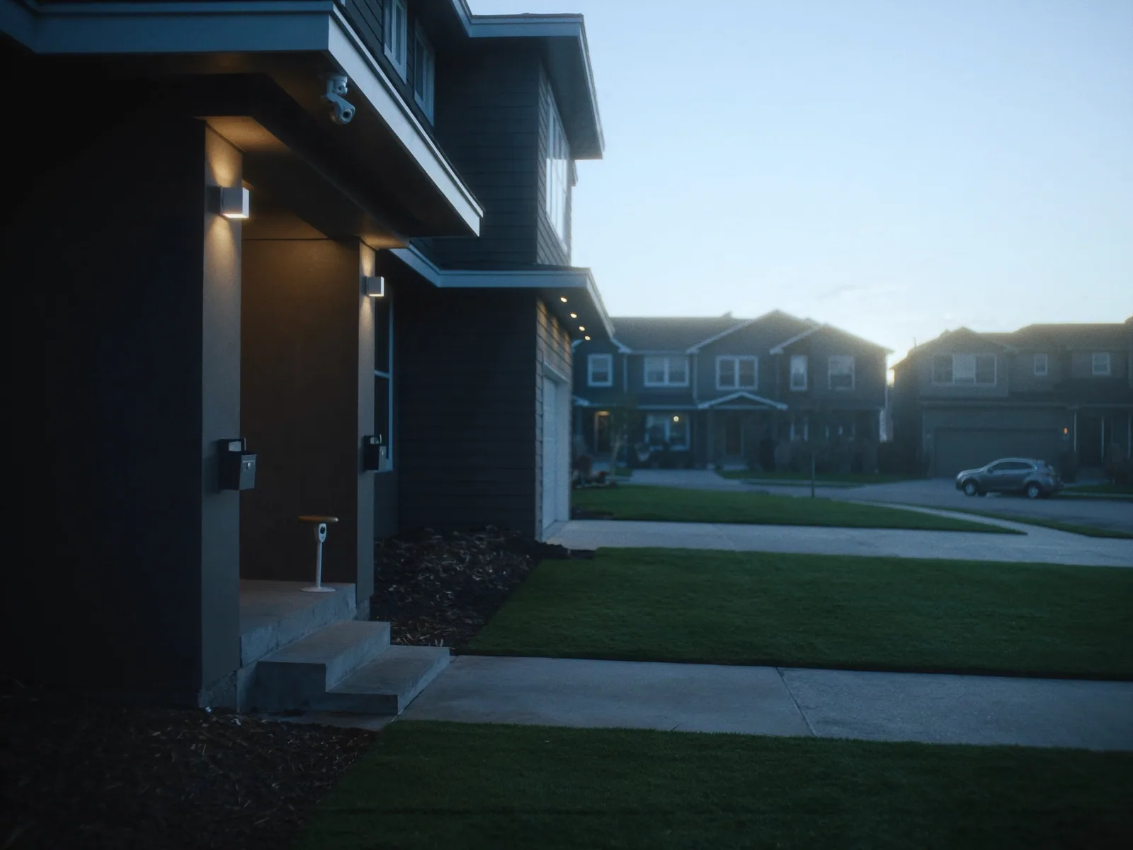 Suburban home at dusk with a video doorbell and a camera under the eave