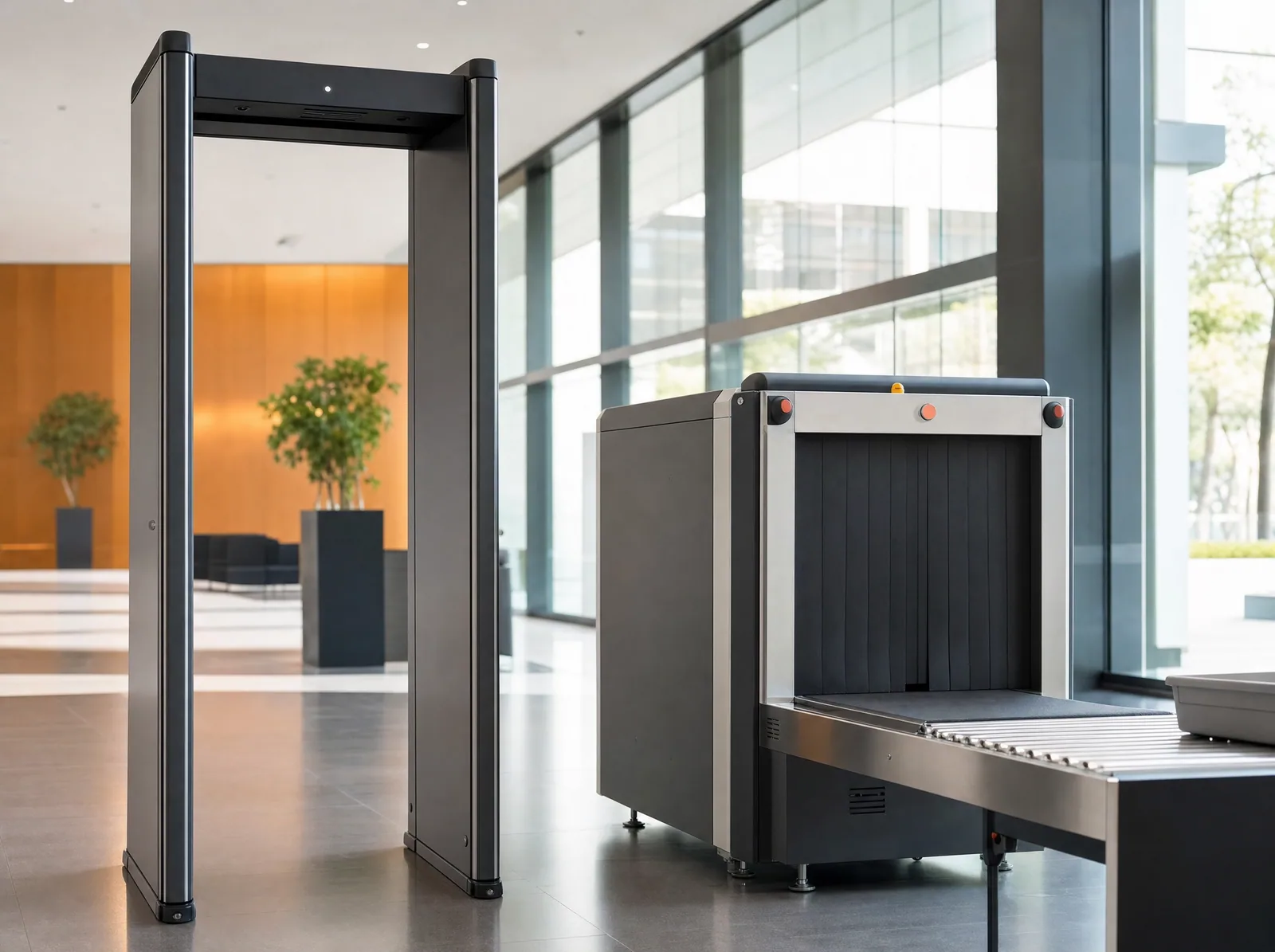 Walk-through metal detector at a building entrance
