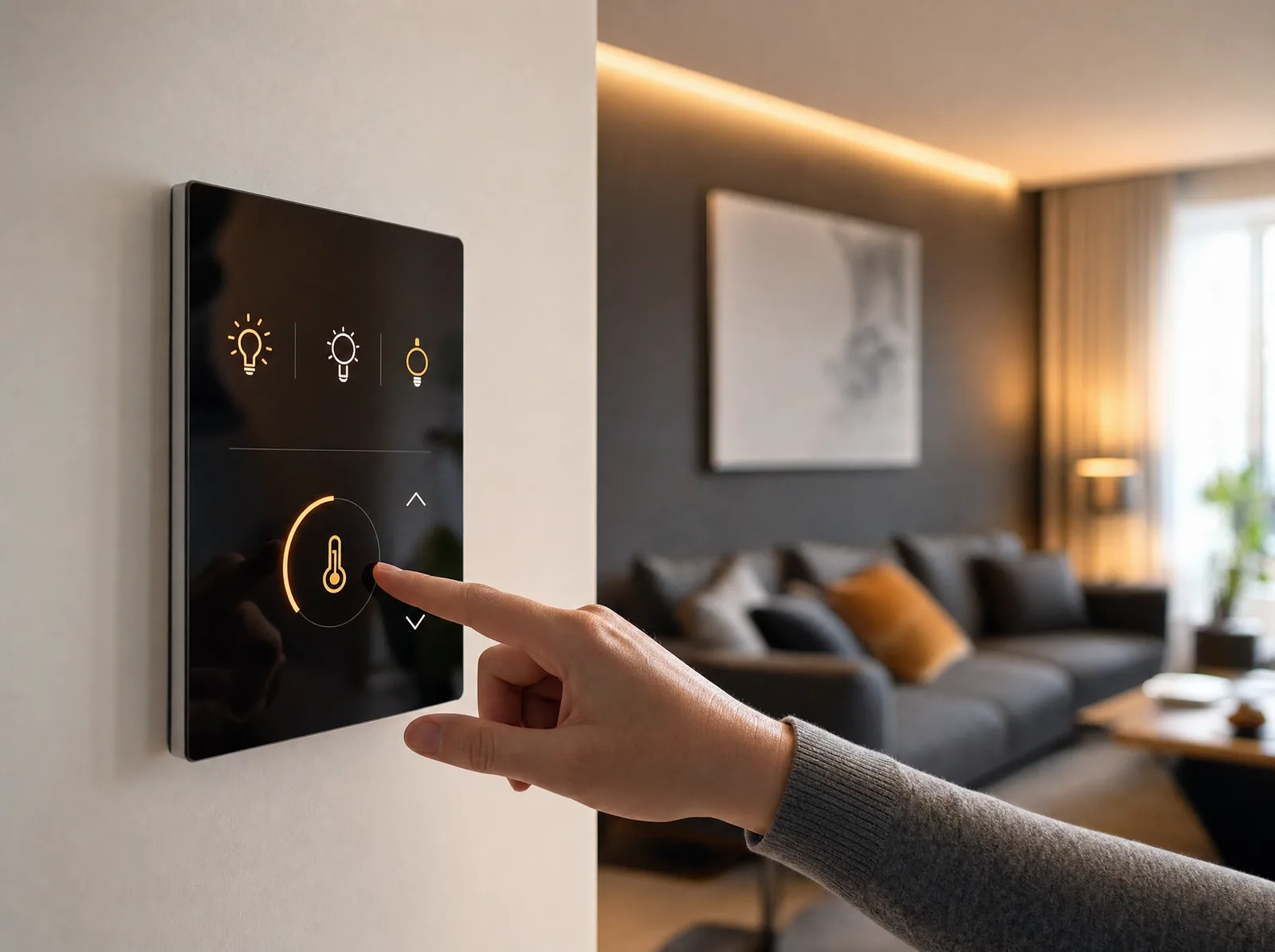 Smart thermostat and lighting controlled from a phone in a modern home